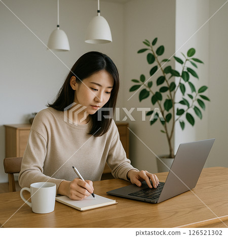 Japanese female nomad taking notes while working from home 126521302