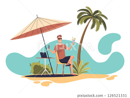 Man Freelancer in Summer on Beach under Palm Tree with cocktail and notebook. Businessman Sitting at Coast and Working with Laptop. Beach Umbrella. Summer Holiday Relax. Vector Illustration 126521331