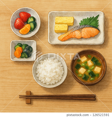 Japanese breakfast flat lay (wood grain healthy) Japanese breakfast flat lay (wood grain healthy) 126521591