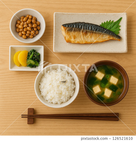 烤鹹鯖魚日式早餐平躺照片 126521610