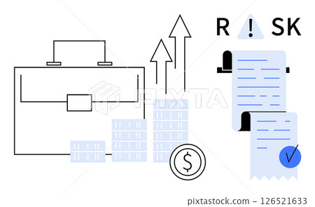 Briefcase and growing bar charts along with dollar coin and financial documents. Ideal for investment, finance, risk management, financial growth, and business analytics. Modern flat style 126521633
