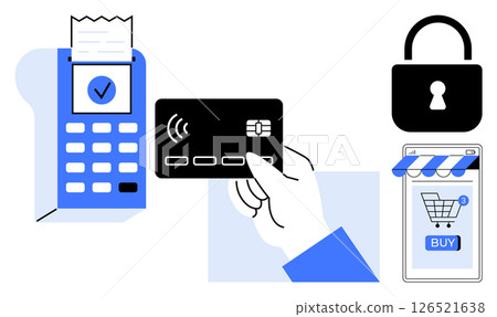 Hand holding credit card near a terminal shows contactless payment security. Features shopping cart icon with BUY button and padlock, emphasizing safe online transactions. Ideal for eCommerce 126521638