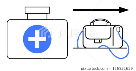 Medical first aid kit with blue cross icon, a rightward pointing arrow, and a professional briefcase. Ideal for workplace safety, health protocols, emergency preparedness, remote work, hybrid work 126521639