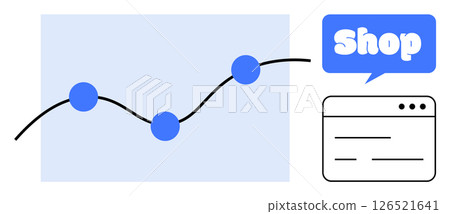 Graph with data points, blue speech bubble with Shop, browser window. Ideal for e-commerce, data analytics, online shopping, business growth, digital sales strategy. Flat vector design style 126521641