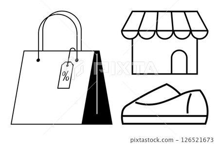 Shopping bag with a discount tag, storefront, and shoe. Ideal for retail, discounts, sales promotion, fashion, marketing, commerce, and small businesses themes. Line metaphor 126521673