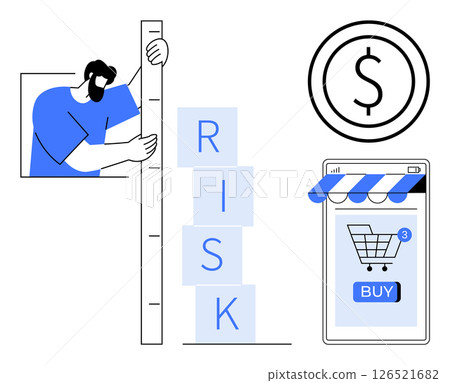 A businessman measures risk while financial and e-commerce symbols convey business and economic themes. Ideal for risk management, financial planning, e-commerce, business strategy, economy analysis 126521682