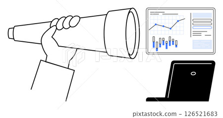 Hand holding telescope, graph board displaying financial data, and laptop illustrating market analysis. Ideal for business strategy, financial planning, market research, data analysis, forecasting Hand holding telescope, graph board displaying financial data, and laptop illustrating market analysis. Ideal for business strategy, financial planning, market research, data analysis, forecasting 126521683