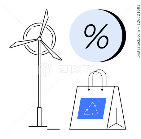 Wind turbine symbolizing clean energy, percentage sign circle, and recycling shopping bag. Ideal for sustainability, renewable energy, eco-friendly products, recycling, environmental awareness, green 126521693