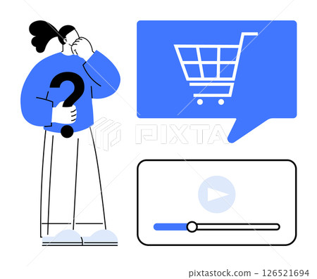 Person holding a question mark and pondering online shopping. Includes a video play button and shopping cart icon in speech bubble. Ideal for e-learning, e-commerce, decision-making, online 126521694