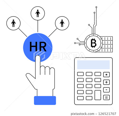Graphic represents human resources with a hand pointing at HR. Above HR are three icons connected by lines, symbolizing people. On the right, there is a Bitcoin symbol connected to a circuit and a Graphic represents human resources with a hand pointing at HR. Above HR are three icons connected by lines, symbolizing people. On the right, there is a Bitcoin symbol connected to a circuit and a 126521707