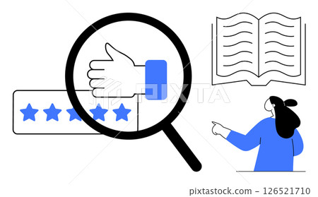 Magnifying glass highlighting a thumb up icon, below which are five stars. An open book, and a person pointing. Ideal for reviews, feedback, education, customer experience, research. Minimalist 126521710