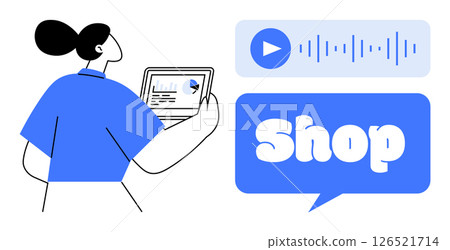 Person holding laptop analyzing charts. Includes play button and waveform, text bubble with Shop written inside. Ideal for e-commerce, online shopping, digital marketing, consumer trends, data Person holding laptop analyzing charts. Includes play button and waveform, text bubble with Shop written inside. Ideal for e-commerce, online shopping, digital marketing, consumer trends, data 126521714