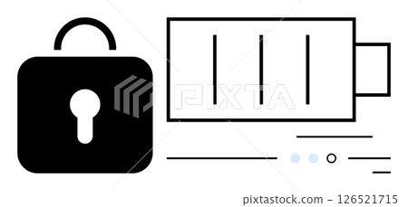 Padlock with keyhole symbol next to a three-quarters full battery icon. Ideal for cybersecurity, data protection, privacy, secure storage, battery life, energy conservation, technology themes. Line Padlock with keyhole symbol next to a three-quarters full battery icon. Ideal for cybersecurity, data protection, privacy, secure storage, battery life, energy conservation, technology themes. Line 126521715