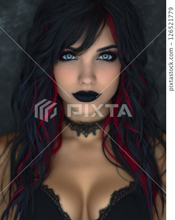 A beautiful woman with a mysterious gaze and gothic style A beautiful woman with a mysterious gaze and gothic style 126521779