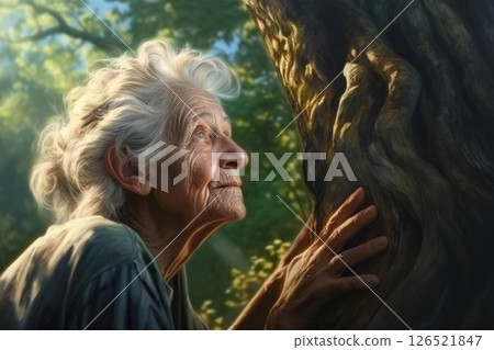 Beautiful senior woman with gray hair meditating near green tree in the sunny morning, side view 126521847