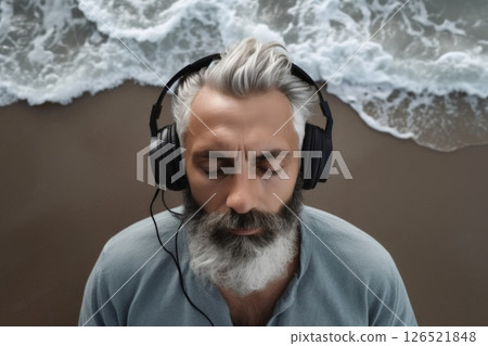 Close up of medium-aged meditating man with gray hair and beard near ocean, with closed eyes and earphones. Top view 126521848