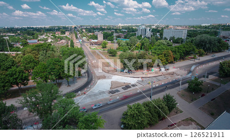 Road construction site with tram tracks repair and maintenance aerial timelapse. 126521911