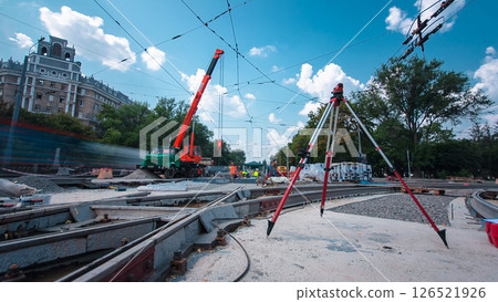 Road construction site with tram tracks repair and maintenance timelapse hyperlapse. 126521926