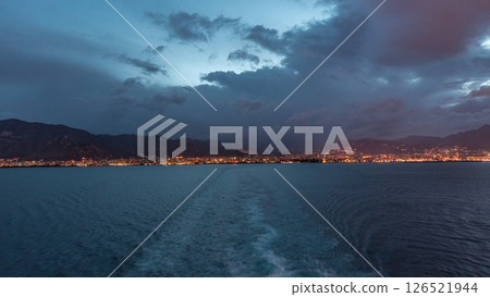 Aerial view of sea with wawes and port from ship sailing in the open sea timelapse 126521944