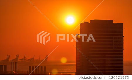 Dubai Marina with colorful sunset in Dubai aerial timelapse, United Arab Emirates 126521975