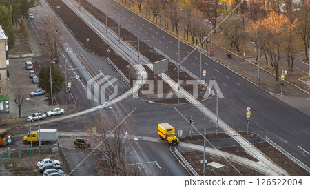Construction site of avenue with road traffic aerial timelapse. 126522004