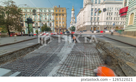 Workers with protective mask welding reinforcement for tram tracks in the city timelapse Workers with protective mask welding reinforcement for tram tracks in the city timelapse 126522021
