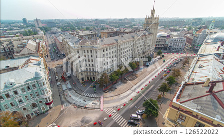 Constitution Square with historical buildings aerial timelapse in Kharkiv, Ukraine. 126522022
