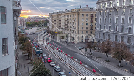 Tram rails at the stage of their installation and integration into concrete plates on the road timelapse. 126522035
