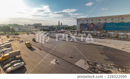 Large view on the road rollers working on the new road construction site aerial timelapse 126522095