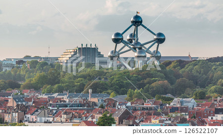 Aerial view of city skyline timelapse with the Atomium in Brussels, Belgium. Aerial view of city skyline timelapse with the Atomium in Brussels, Belgium. 126522107