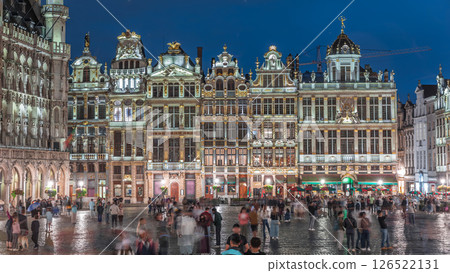 Illuminated Grand Place Guilds facade day to night timelapse in Brussels, Belgium. Illuminated Grand Place Guilds facade day to night timelapse in Brussels, Belgium. 126522131