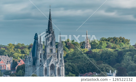 Aerial view of Notre Dame de Laeken church spires timelapse in Brussels, Belgium. 126522132