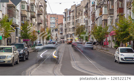 Traffic on intersection of Trinkler and Mayakovsky street near Sumskoy market, Kharkov city timelapse 126522174