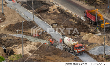 Concrete works for road construction with many workers and mixer timelapse Concrete works for road construction with many workers and mixer timelapse 126522179
