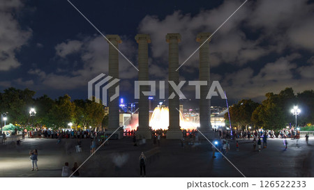 Night view of Magic Fountain light show timelapse hyperlapse witih column Barcelona, Catalonia, Spain. Night view of Magic Fountain light show timelapse hyperlapse witih column Barcelona, Catalonia, Spain. 126522233