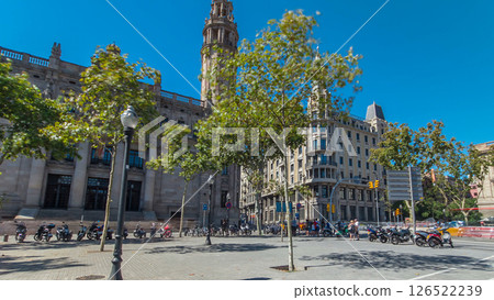 Walking through the streets of Barcelona to monument on Plaza Antonio Lopez and Old Post Office timelapse hyperlapse, Barcelona, Spain. 126522239