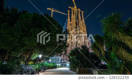 Sagrada Familia, a large church in Barcelona, Spain night timelapse hyperlapse. Sagrada Familia, a large church in Barcelona, Spain night timelapse hyperlapse. 126522250
