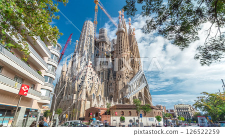 Sagrada Familia, a large Roman Catholic church in Barcelona, Spain timelapse hyperlapse 126522259