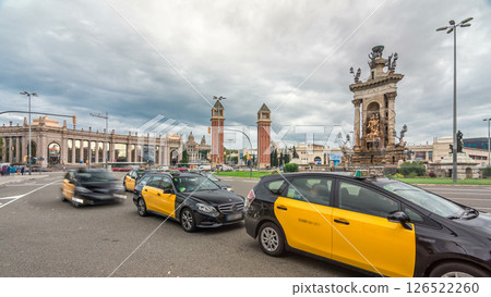 Cityscape view of Placa d'Espanya or Spain square, with the Venetian Towers timelapse hyperlapse 126522260