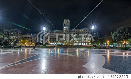 People at Placa de Catalunya or Catalonia Square night timelapse hyperlapse a large square in central Barcelona 126522265