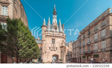 Historic Porte Cailhau timelapse hyperlapse in Bordeaux, France, with its medieval architecture and spires 126522298