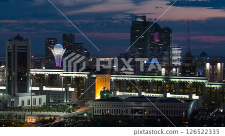 Elevated night view over the city center and central business district with bayterek Timelapse, Kazakhstan, Astana Elevated night view over the city center and central business district with bayterek Timelapse, Kazakhstan, Astana 126522335