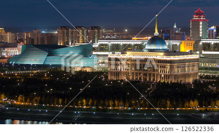 Akorda - residence President Republic of Kazakhstan and Central Concert Hall at night timelapse 126522336