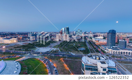 Elevated view over the city center and central business district day to night timelapse, Central Asia, Kazakhstan, Astana 126522352