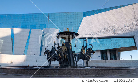 The fountain Sak warriors at the National Museum of Republic of Kazakhstan timelapse hyperlapse in Astana 126522354