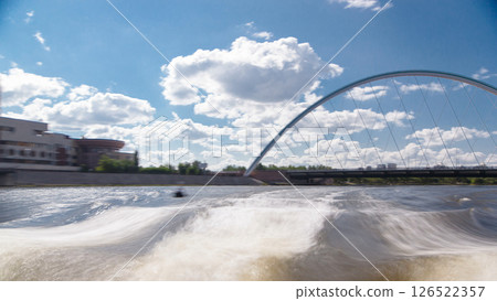 Astana, Kazakhstan. View from Pleasure boat on the river Ishim timelapse hyperlapse drivelapse in Astana. 126522357