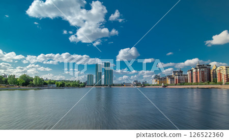 Astana, Kazakhstan. View from Pleasure boat on the river Ishim timelapse hyperlapse drivelapse in Astana. Astana, Kazakhstan. View from Pleasure boat on the river Ishim timelapse hyperlapse drivelapse in Astana. 126522360