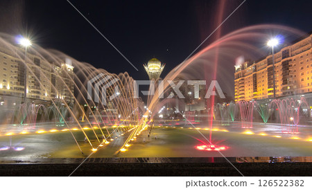 Bayterek Tower and fountain show at night timelapse hyperlapse. Astana, Kazakhstan. Bayterek Tower and fountain show at night timelapse hyperlapse. Astana, Kazakhstan. 126522382
