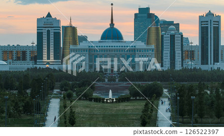 Close up view of Astana city day to night timelapse and the president's residence Akorda with park 126522397