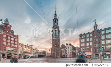 Munttoren tower and flowers market. Panoramic timelapse hyperlapse of Amsterdam city center. Netherlands 126522457